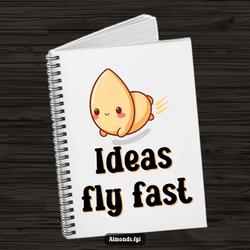 Funny notebook cover: a playful almond character sliding rapidly down a polished surface, symbolizing speed and quick thinking.