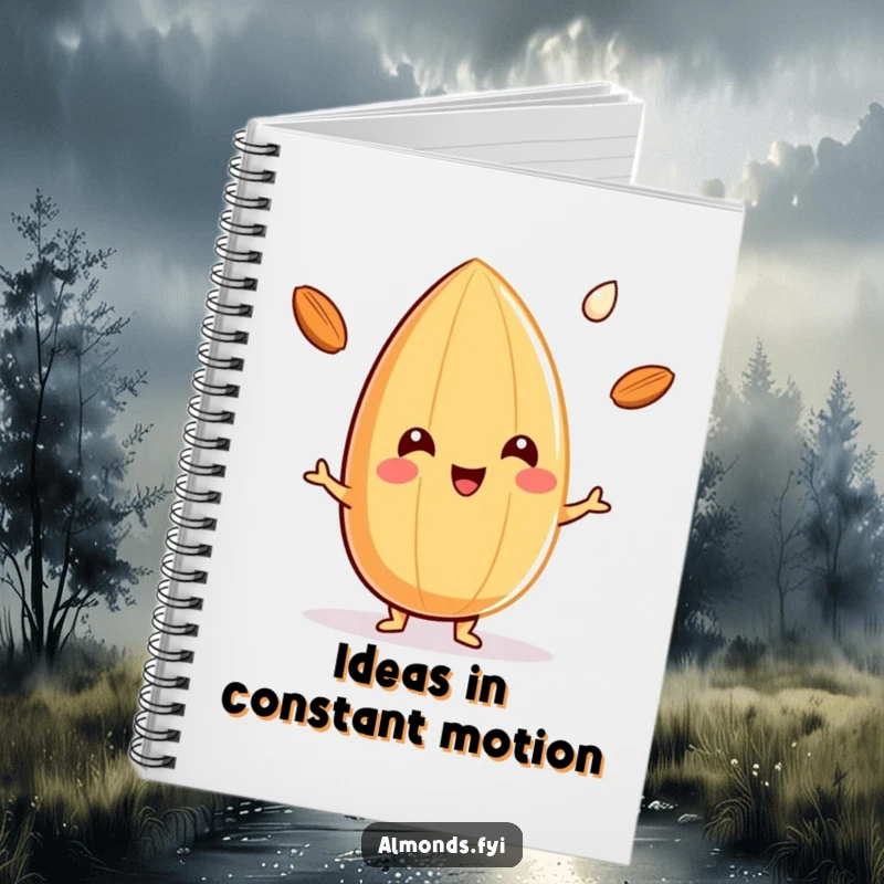 Funny notebook cover with a cheerful almond character juggling three small drops of almond milk, inspiring creativity and smiles.