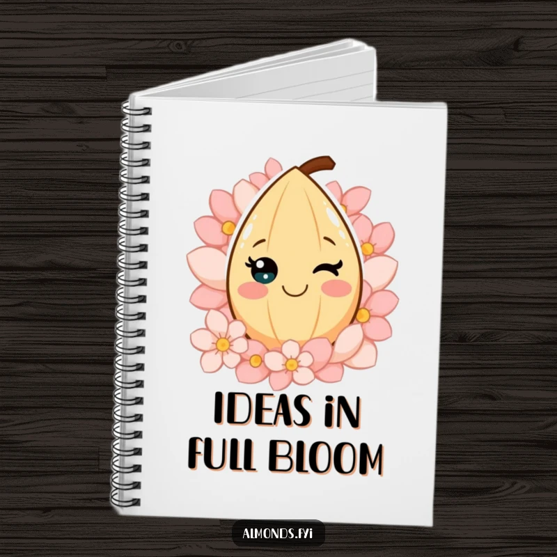Funny notebook with a smiling almond character surrounded by petals, ideal for recording thoughts with a cheerful and floral aesthetic.