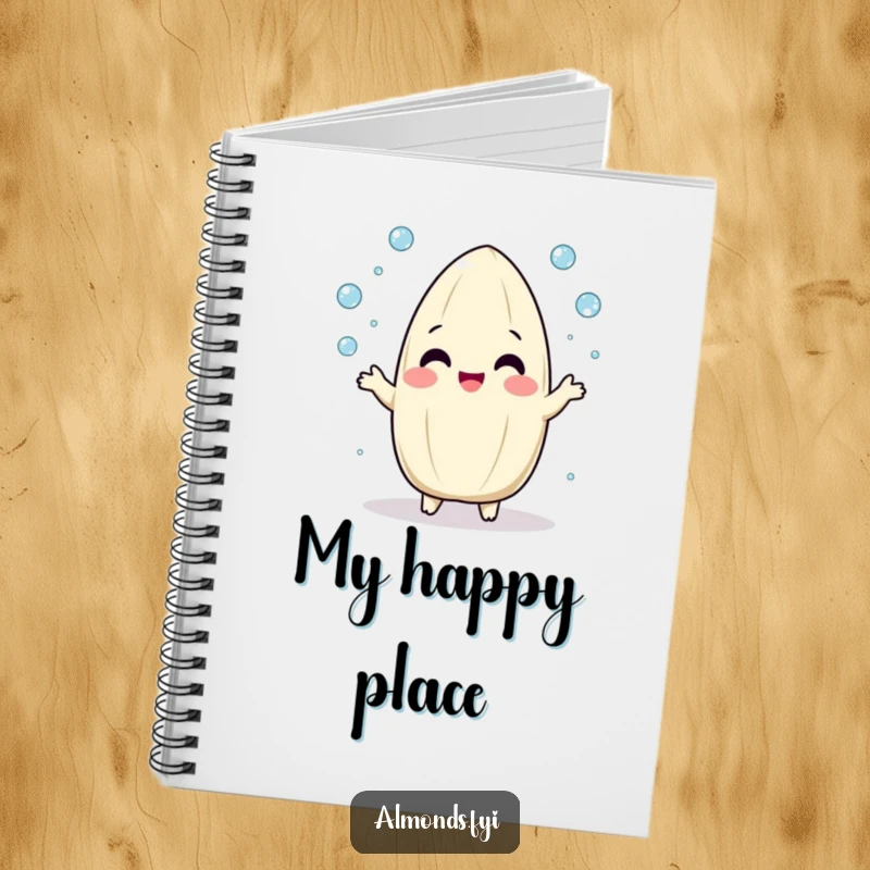 Funny notebook with a playful, round almond character gleefully juggling tiny dew drops, encouraging creative and joyful note-taking.