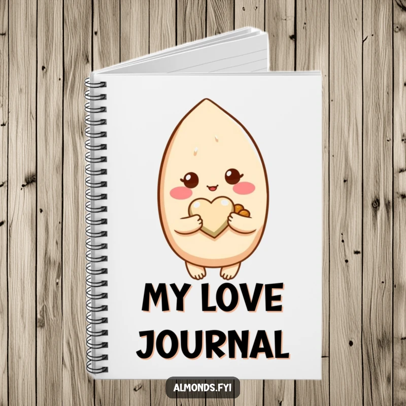 Funny notebook cover featuring a shy, blushing almond character holding a small, delicate heart-shaped nut.