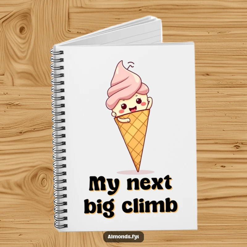 Funny notebook: determined almond character on a quest up a giant ice cream cone, perfect for jotting down ambitious plans.