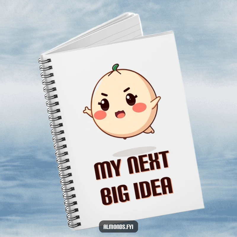 Funny notebook with a determined, round almond character with a focused expression, poised to leap, encouraging ambitious note-taking.