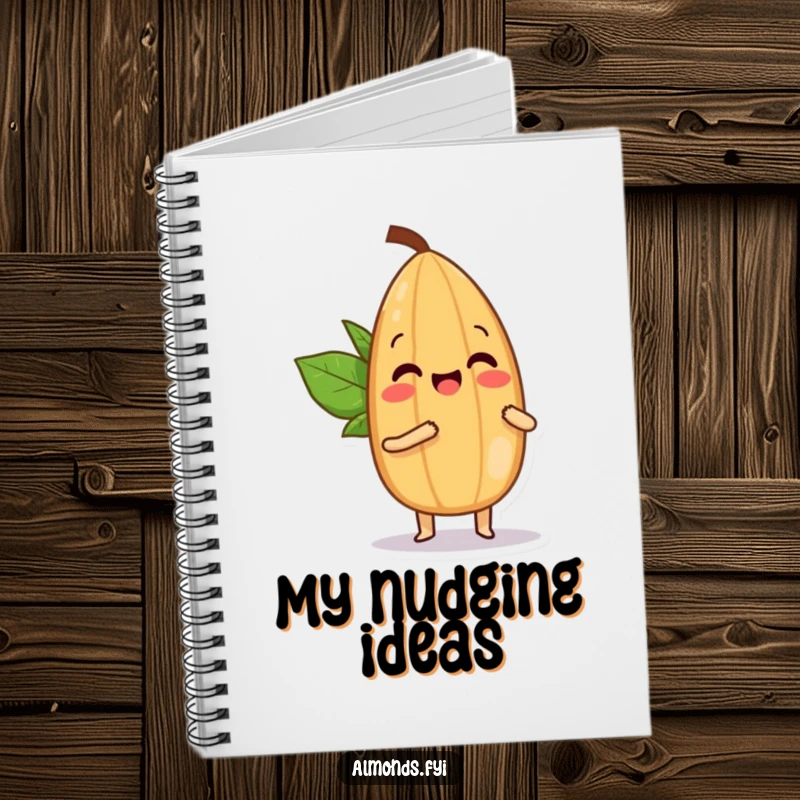 Funny notebook cover with a cheerful almond character playfully bopping a smaller almond with its tip, ready for notes.