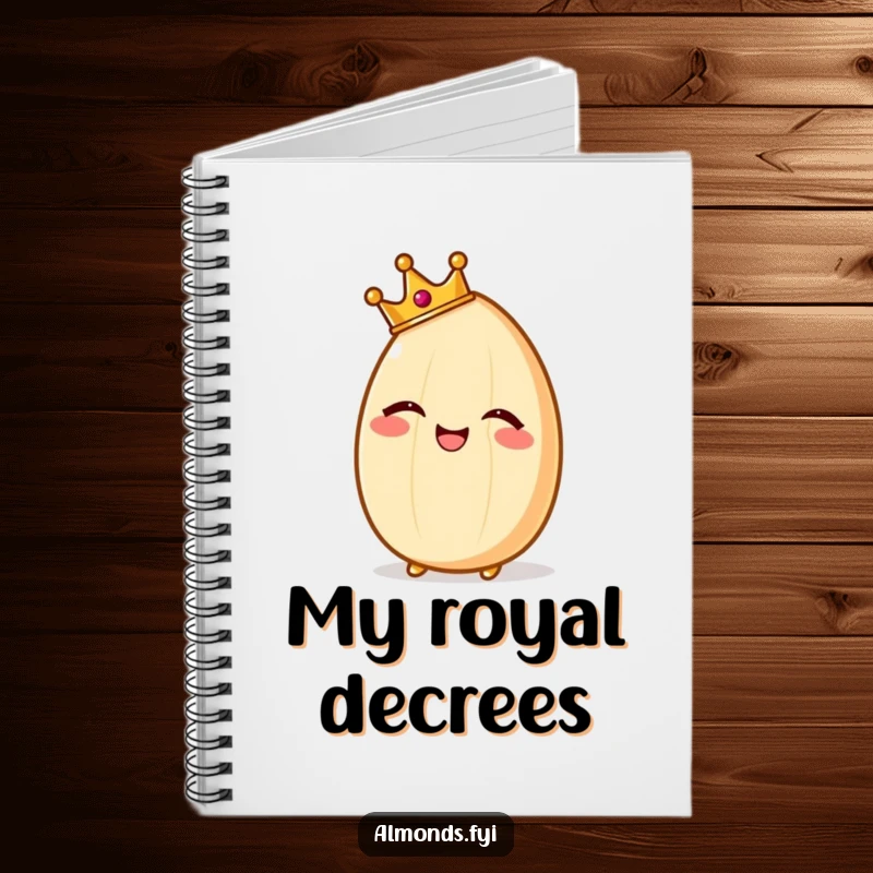 Funny notebook cover with a giggling almond character wearing a small crown, looking regal and ready to write.