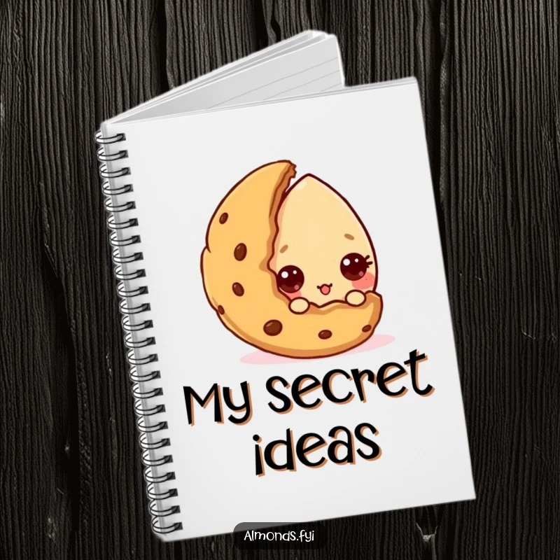 Funny notebook with a curious almond character peeking from behind a cookie, encouraging sweet note-taking. Excellent funny gift.