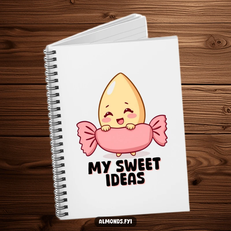 Funny almond character giggling behind a giant candy wrapper on the cover of a notebook for jotting down ideas.