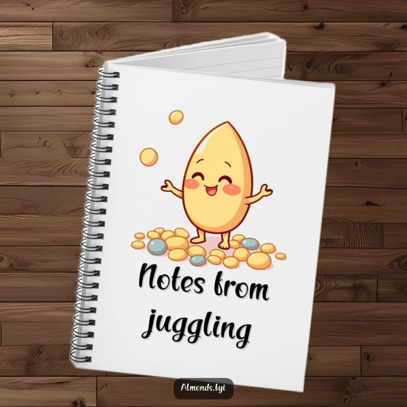 Funny notebook with a giggling almond character juggling small pebbles, perfect for notes, journaling, and creative ideas.