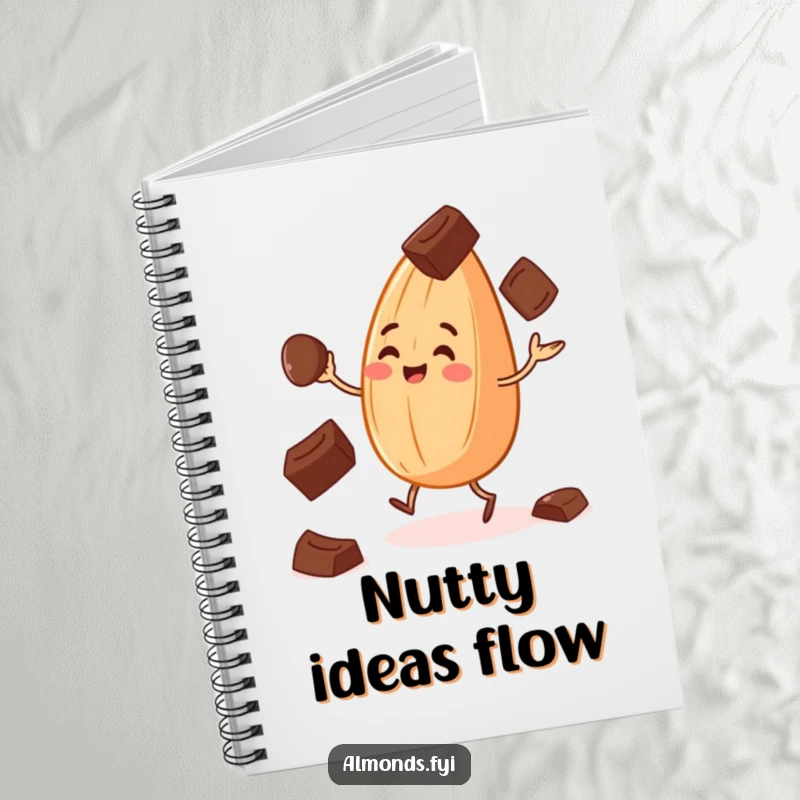 Funny notebook with a cheerful almond juggling chocolate chips, great for humorous note-taking.