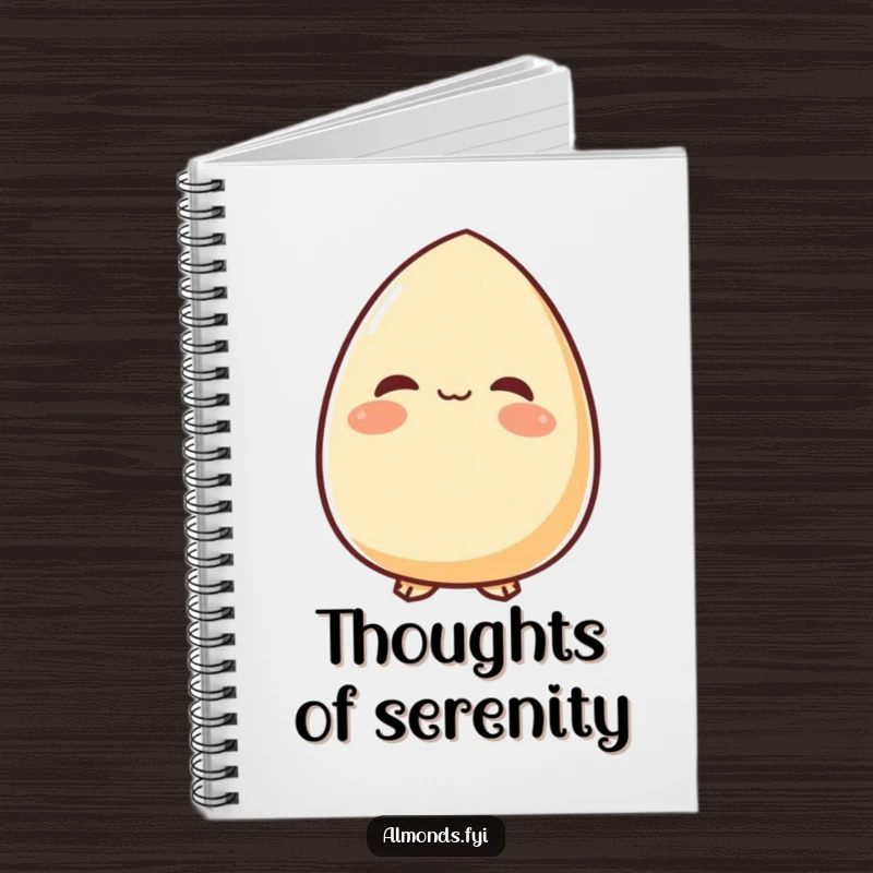Funny notebook with a content almond character looking upwards with a peaceful smile, ideal for journaling and capturing serene thoughts.