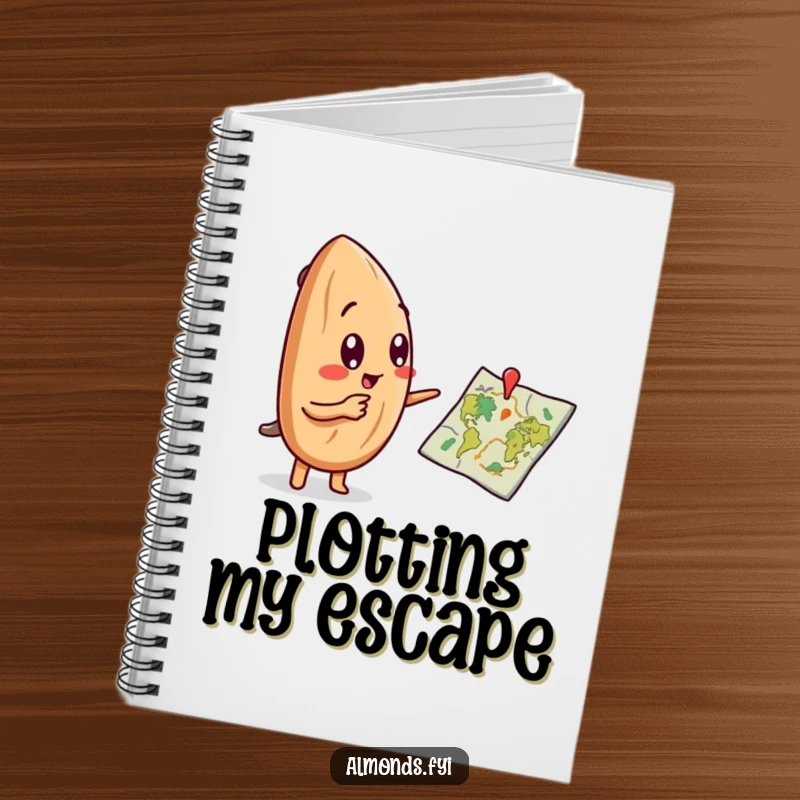 Funny notebook cover with a curious almond character pointing at a detailed, stylized map for planning adventures.