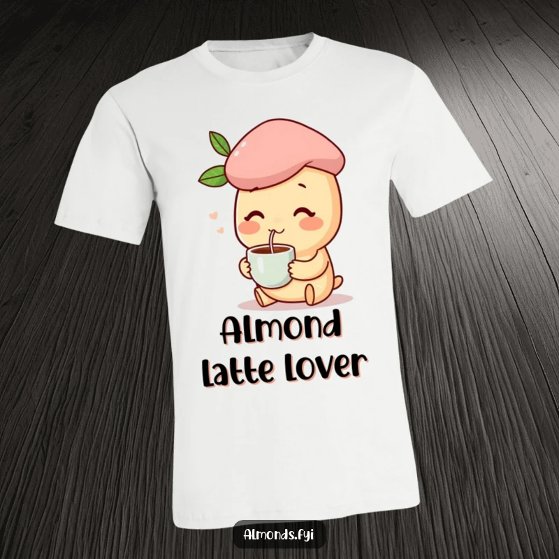 Funny t-shirt with a happy almond character wearing a beret and enjoying a coffee, showcasing stylish relaxation.