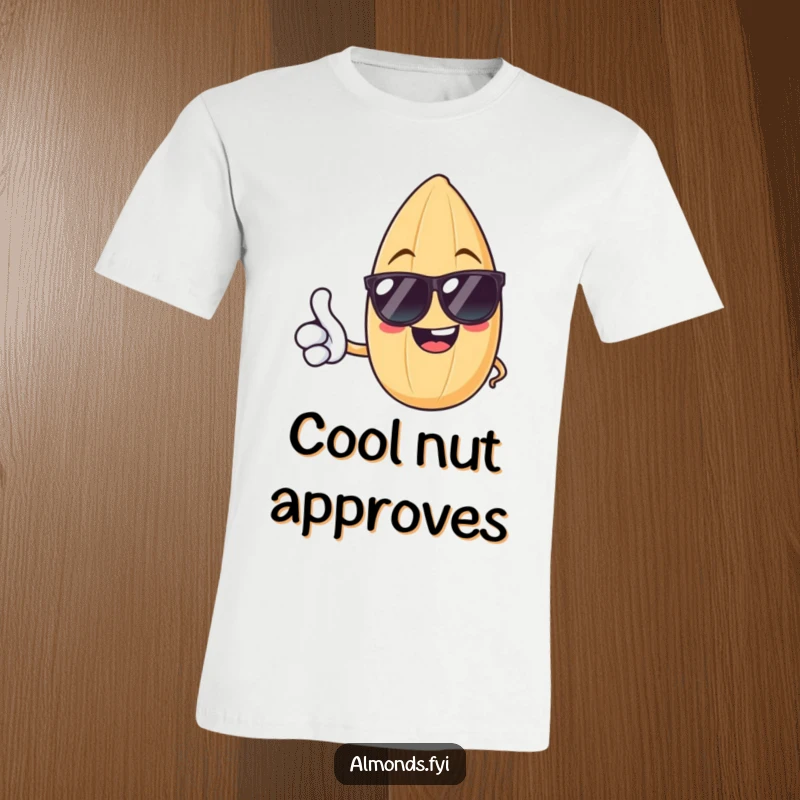 Funny t-shirt featuring a cheerful almond in sunglasses, giving a friendly thumbs up, perfect for sunny days and good moods.