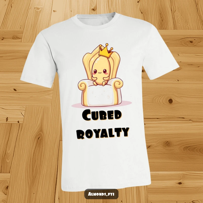 Funny t-shirt with a shy almond wearing a small crown, attempting to sit on a giant sugar cube throne, regal and humorous graphic.