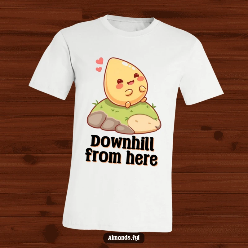 Funny Rolling Almond T-Shirt: A giggling almond character happily rolling down a small hill, embodying pure, unadulterated fun. Great funny gift.