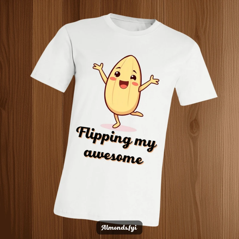 Funny T-Shirt featuring a cheerful almond character mid-cartwheel, eyes closed in glee, perfect for active and happy individuals.