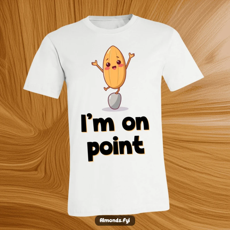 Funny t-shirt featuring a cheerful almond character attempting to balance precariously on one point, conveying comedic struggle.