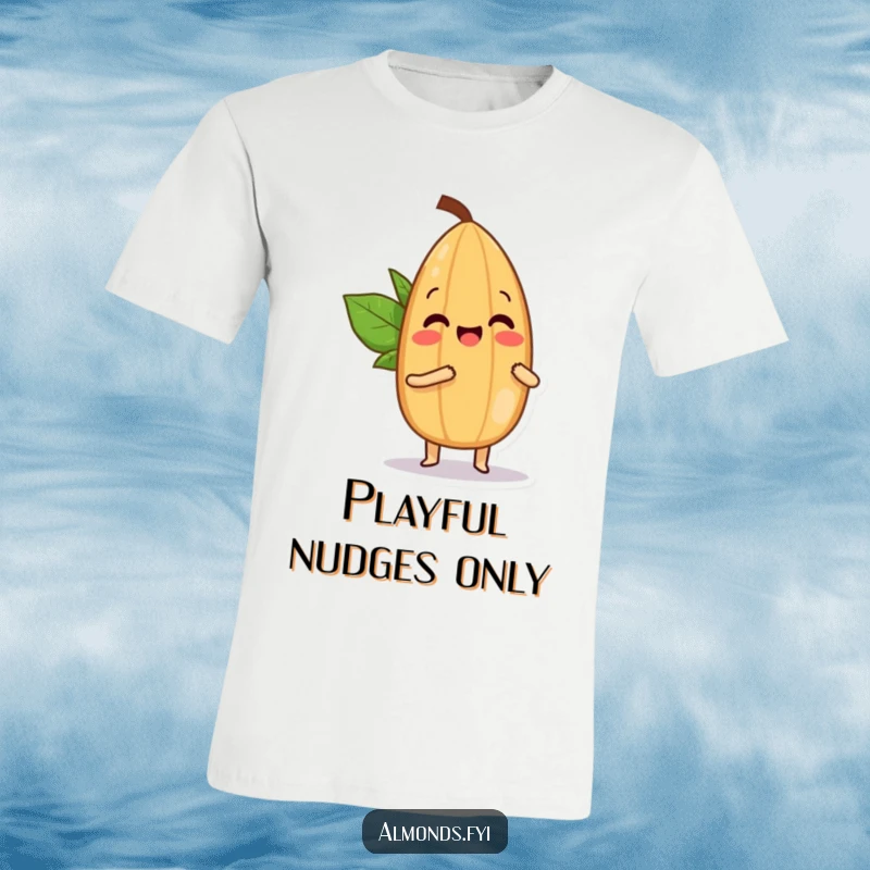 Funny t-shirt: an ecstatic almond character playfully bopping a smaller almond character with its tip, radiating fun.