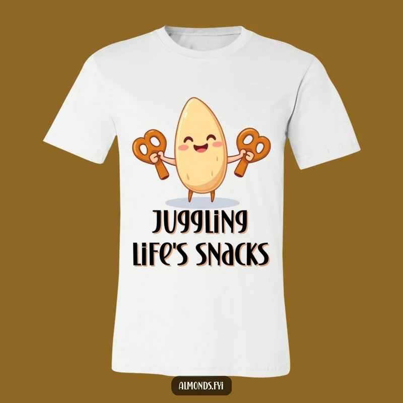 Funny Almond Juggling Pretzel T-Shirt: Comical Snack Lover Apparel