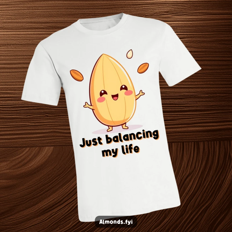Funny t-shirt featuring a happy almond character enthusiastically juggling three tiny drops of almond milk, showcasing pure joy and skill.