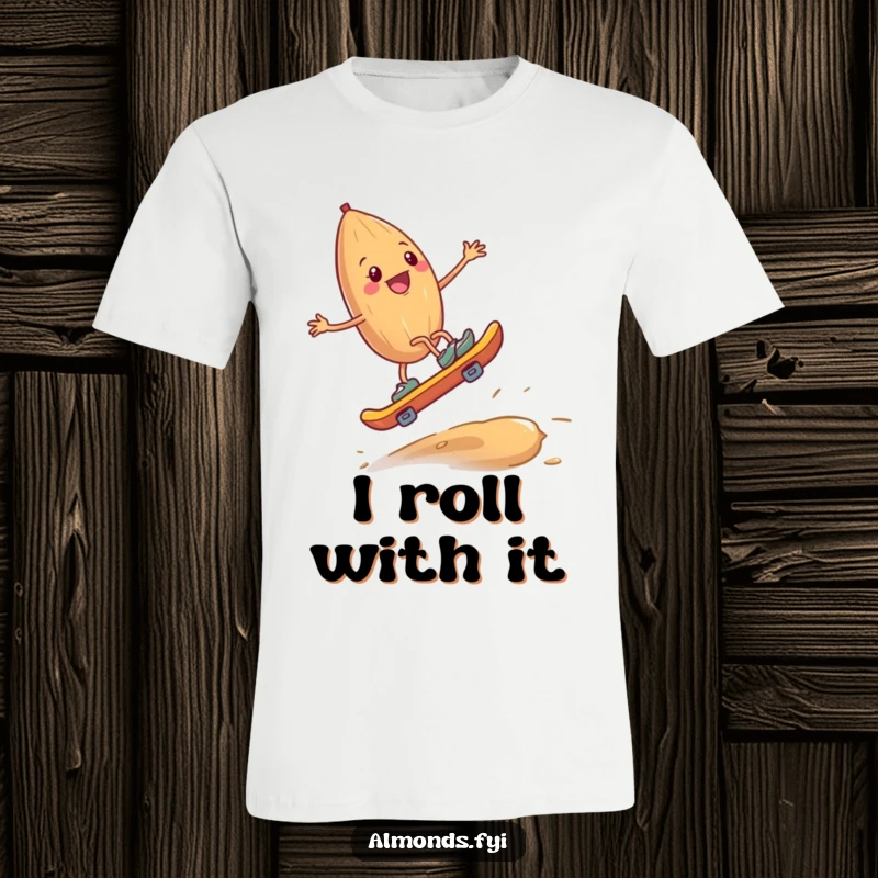 Funny t-shirt depicting a happy almond with tiny legs skateboarding downhill on a giant cashew, a vibrant and humorous nutty design.