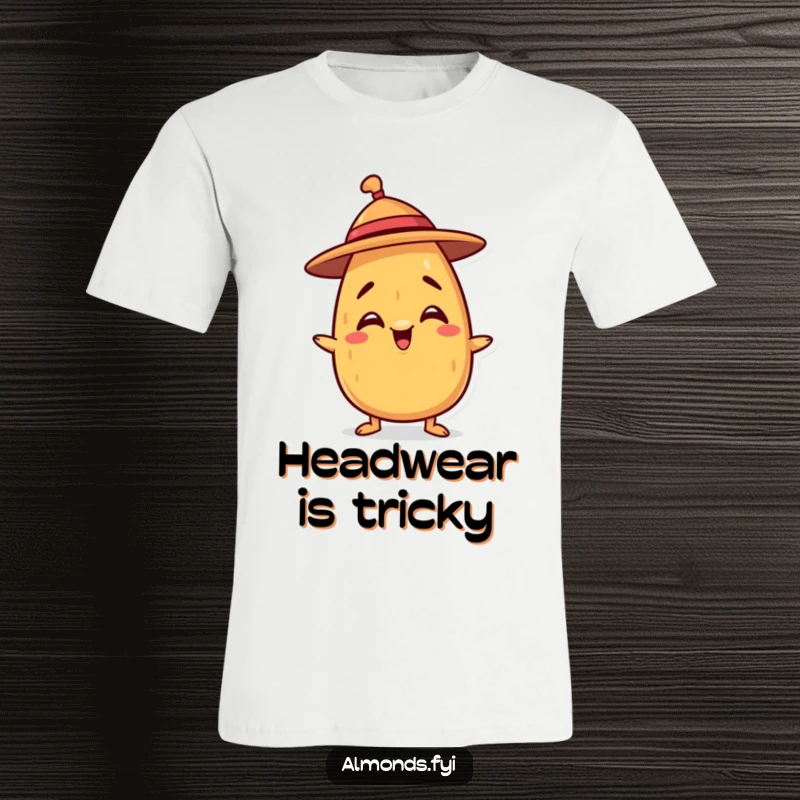Funny t-shirt featuring a mischievous almond character attempting to balance a small hat, showcasing playful antics.