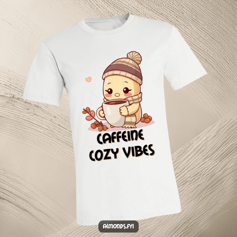 Funny almond in winter hat and scarf, drinking hot coffee, on a t-shirt, for cozy vibes.