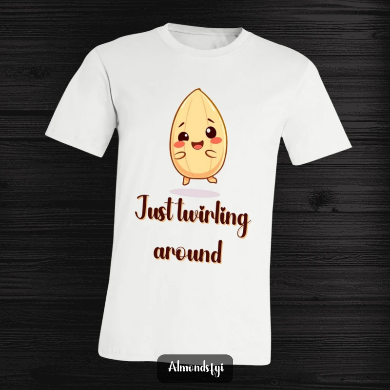 Funny t-shirt: A delighted almond character caught in a joyful spin, giggling with pure happiness.