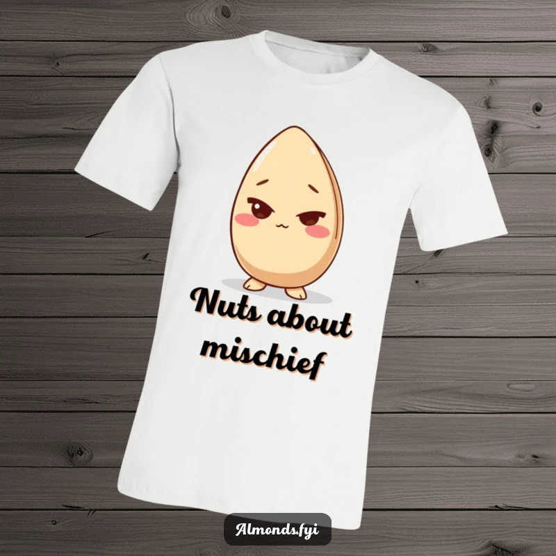 Funny t-shirt featuring a giggling almond character giving a sly wink, perfect for expressing a playful and humorous personality.