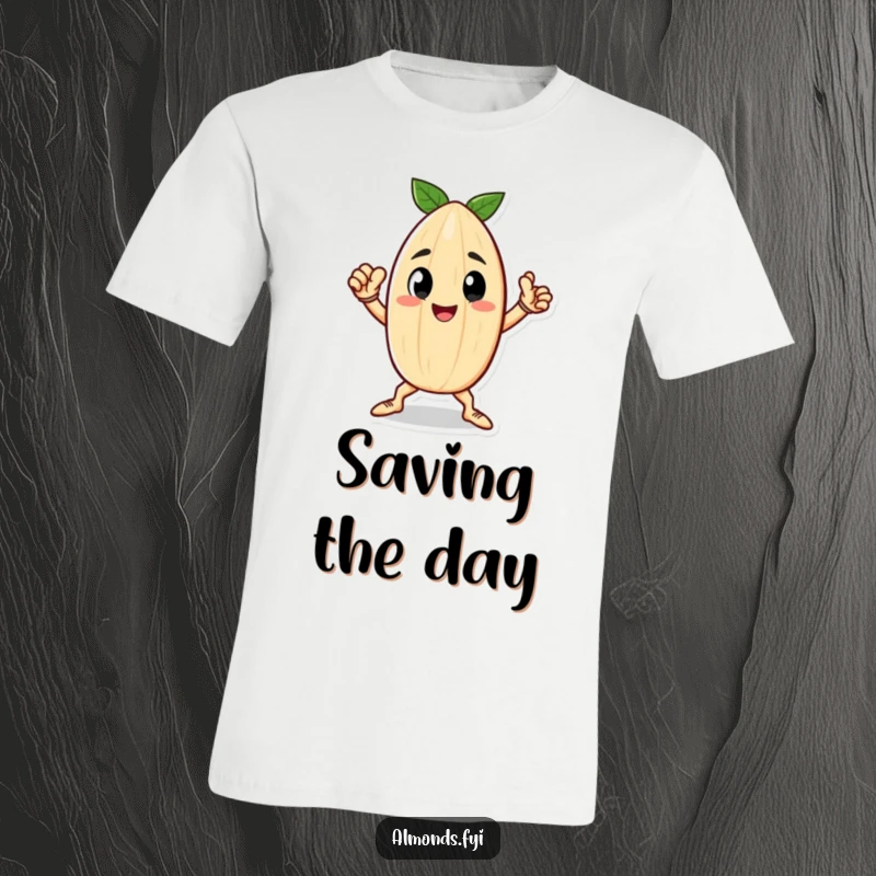 Funny t-shirt showcasing a happy little almond character standing tall in a bold, heroic pose, exuding confidence.