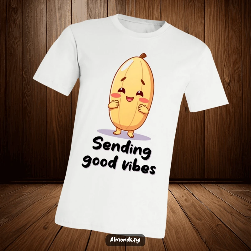 Funny t-shirt showcasing a cheerful almond character offering a warm, inviting hug, symbolizing comfort, friendship, and affection.