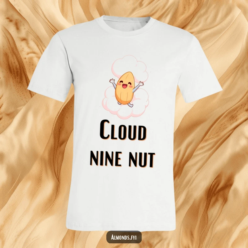 Funny t-shirt featuring a delighted almond character leaping headfirst into a giant, fluffy marshmallow cloud with a look of ecstatic happiness.