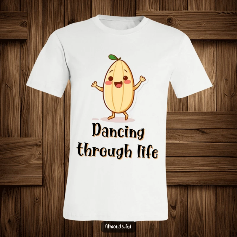Funny t-shirt featuring a playful almond character in a dynamic dance pose with a small sprinkle as its partner, radiating energy.