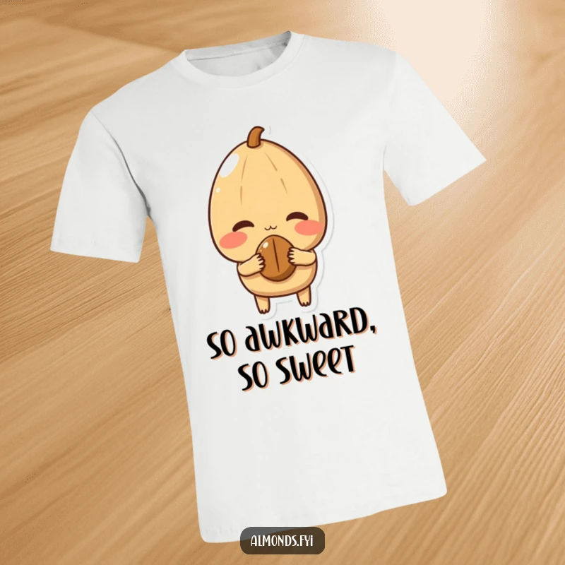 Funny T-Shirt with a shy almond character blushing and offering a tiny nut, exuding sweetness and adorable awkwardness.