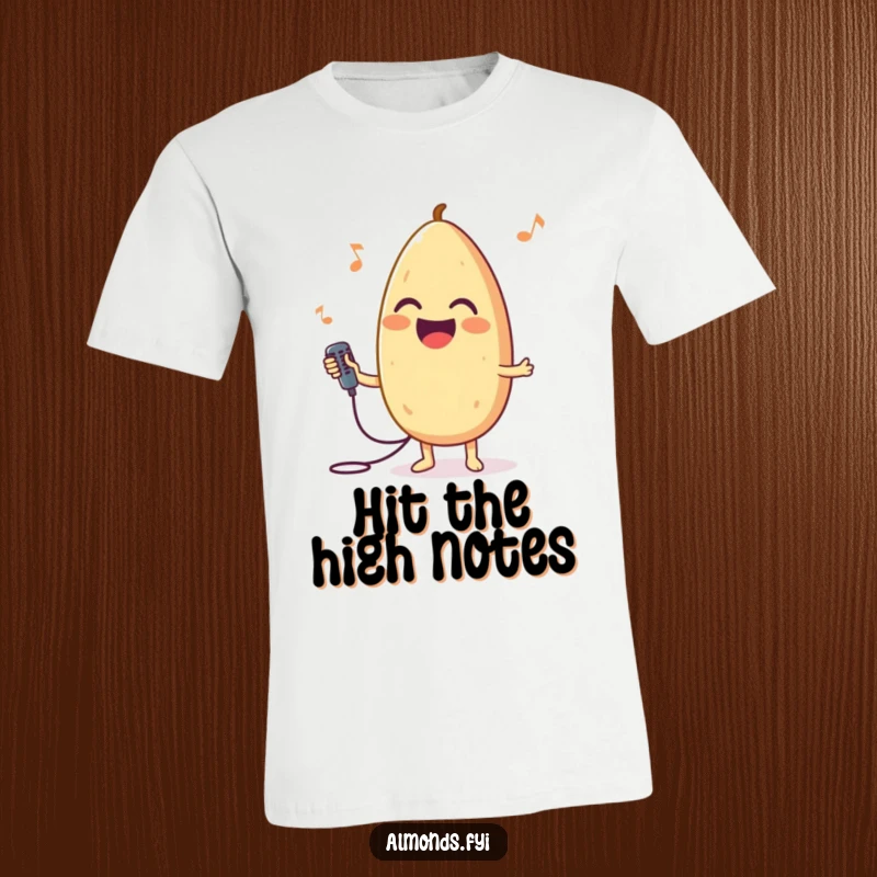 Funny T-shirt design of a joyful almond character holding a tiny microphone and singing enthusiastically.