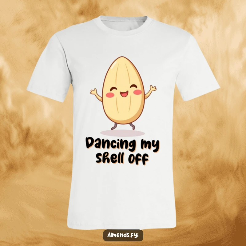 Funny t-shirt featuring a smiling almond character doing a joyous dance with its comically tiny legs, embodying infectious happiness.