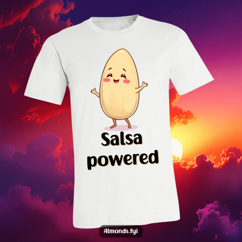 Funny t-shirt with a beaming almond character executing a lively salsa dance, expressing nutty energy and flair.