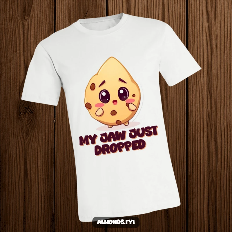Funny t-shirt featuring a shocked almond character with large, wide eyes staring intently at a massive cookie, expressing pure amazement.