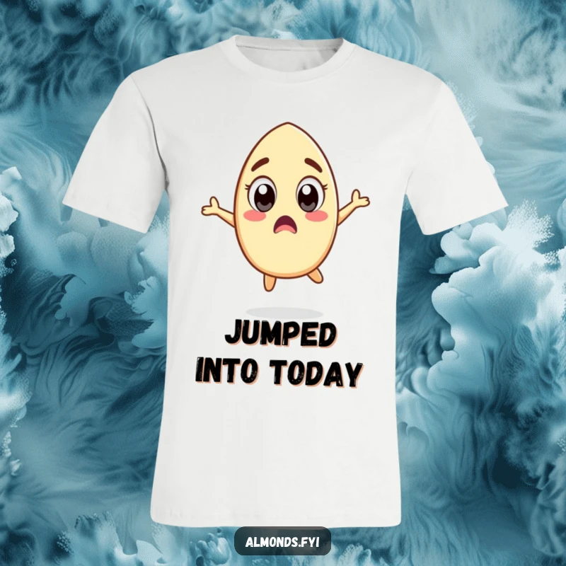Funny t-shirt depicting a surprised almond character with exaggerated wide eyes, caught mid-silly jump, radiating comical astonishment.