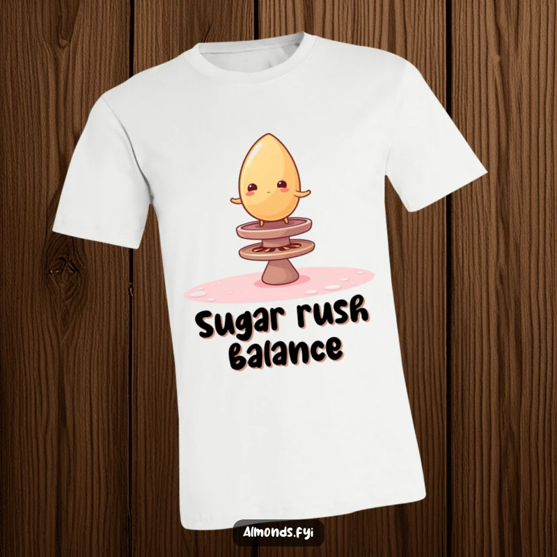 Funny t-shirt featuring a wobbly almond attempting to balance on a spinning sugar top, a comical and sweet graphic tee.