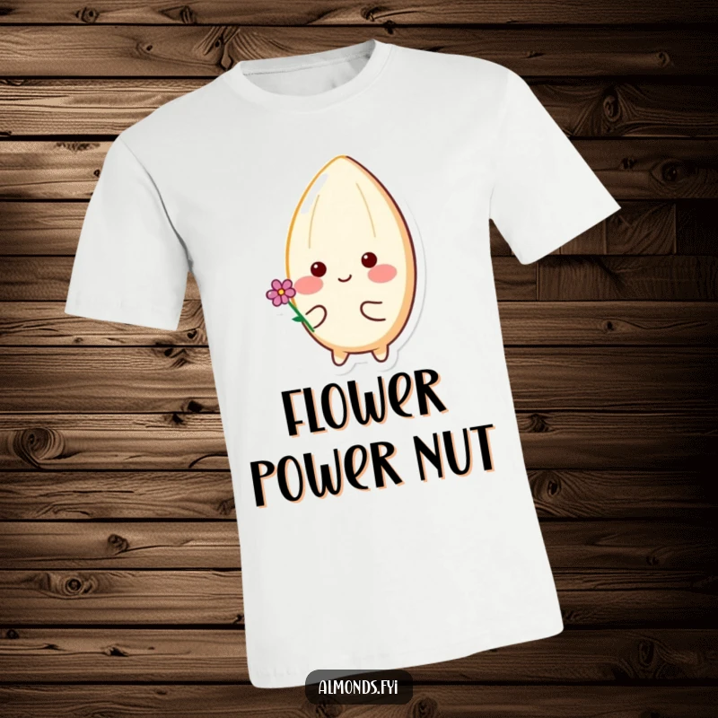 Funny t-shirt with a happy almond character sporting rosy cheeks, holding a small flower with a sweet, endearing smile.