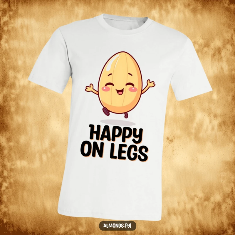 Funny t-shirt with a giggling almond character on legs, happily bouncing, showcasing pure, unadulterated joy.