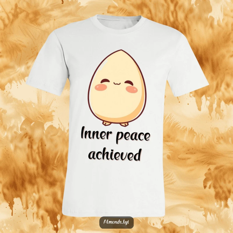 Funny t-shirt featuring a content almond character looking upwards with a peaceful smile, promoting a sense of calm and relaxation.