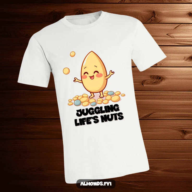 Funny t-shirt featuring a giggling almond character juggling small, round pebbles, showcasing energetic fun.