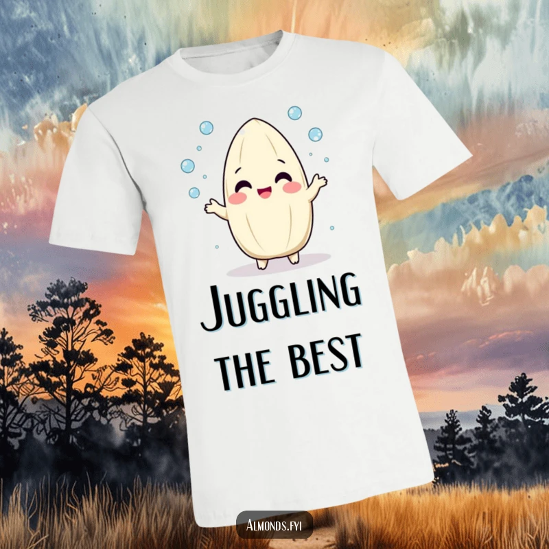 Funny t-shirt depicting a playful, round almond character joyfully juggling small, glistening dew drops with a happy expression.