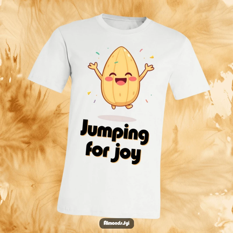 Funny T-shirt with a cheerful almond character leaping with sprinkles, perfect for expressing unbridled joy and festivity.