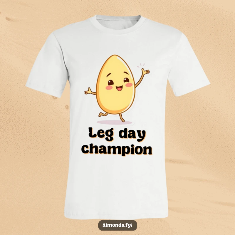 A cheerful almond character performs a silly dance with tiny, energetically wiggling legs on a fun t-shirt.