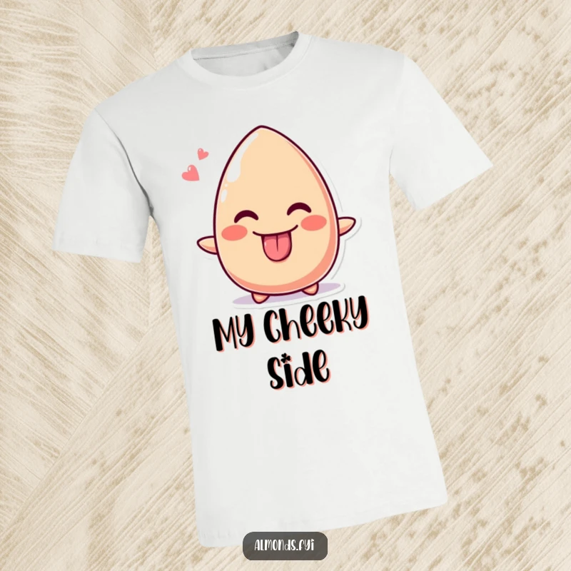 Funny T-shirt print of a cute almond character with its tongue sticking out and a very cheeky grin.