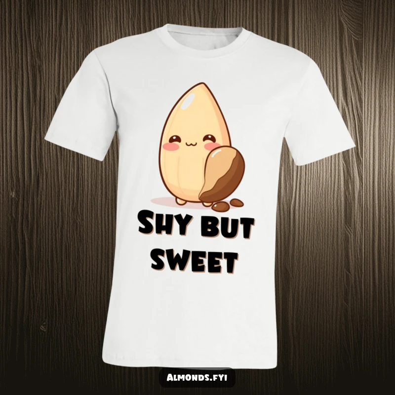 Funny t-shirt: cute almond character blushing furiously while concealed behind a giant chocolate chip, embodying shyness.