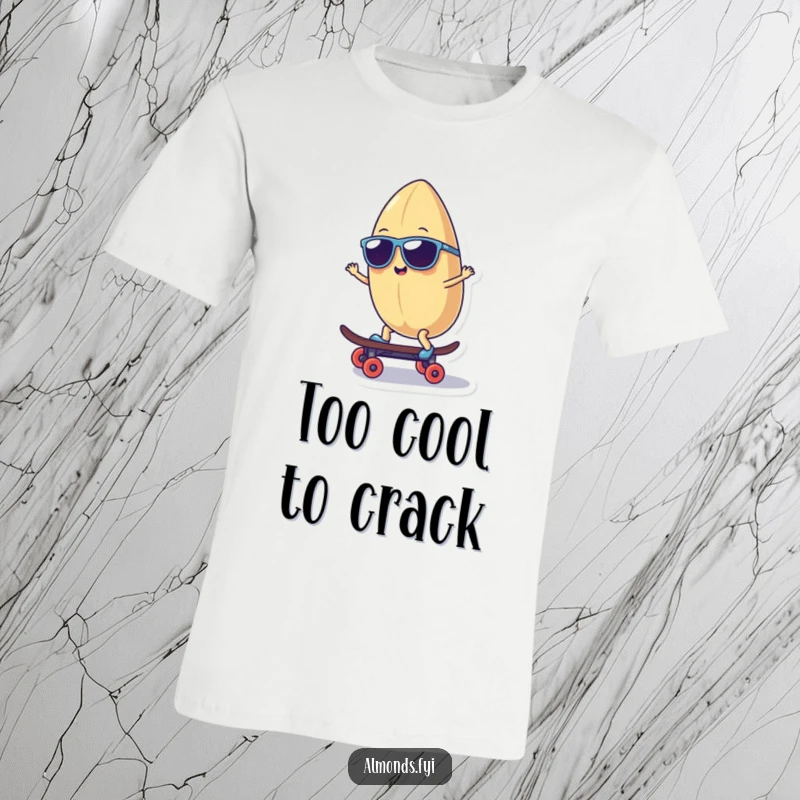 Funny t-shirt with a smiling almond character sporting sunglasses, skillfully riding a miniature skateboard, embodying effortless cool.